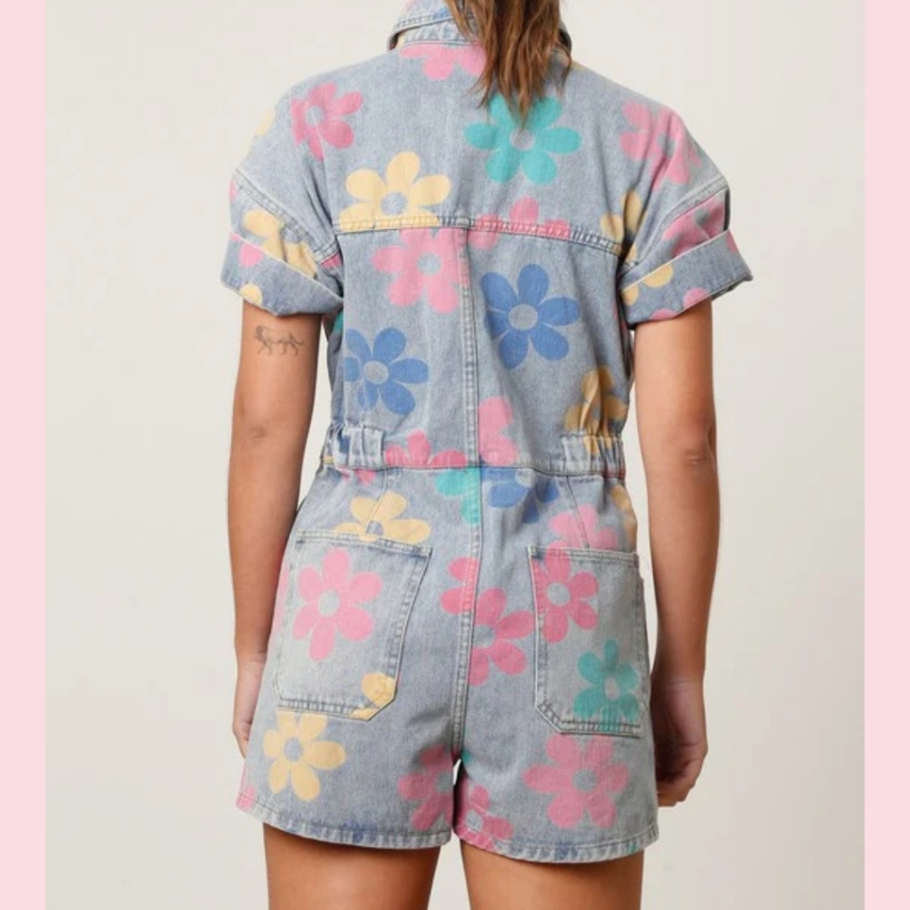 Peach Love California Denim Floral Romper in Pink, Yellow & Blue - Picture 4 of 6